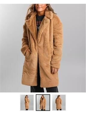 BKE Buckle Long Teddy Jacket Coat Winter Super Soft Plush Trench Coat Cognac HOT
